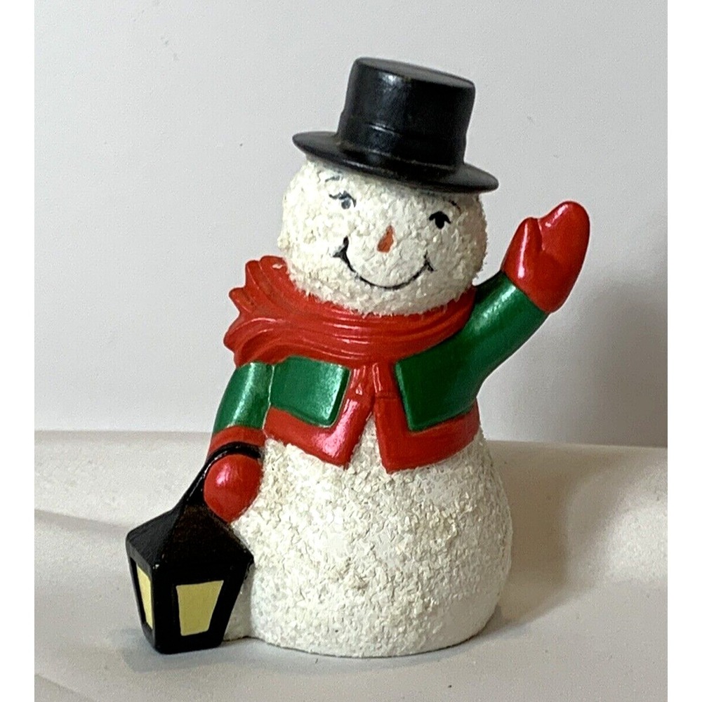 Snowman Figure Ceramic Vintage Waving Lantern Hand Painted 4" Red Green Textured